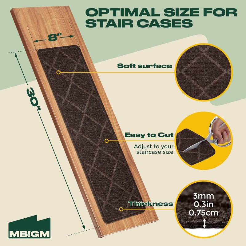 MBIGM 8" X 30" (15 in Pack) Non-Slip Carpet Stair Treads Non-Skid Safety Rug Slip Resistant Indoor Runner for Kids Elders & Pets with Reusable Adhesive - Brown Diamond Weave - Image 2